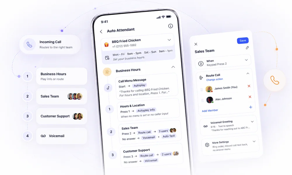 The LinkedPhone Auto Attendant: an incoming call routed through numbered menu options, the call menu list for BBQ Fried Chicken grouped by business hours, and the Sales Team option editor with When, Route Call and a voicemail greeting.