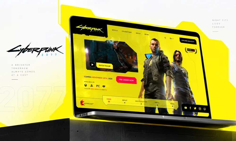 The Cyberpunk 2077 launch-site concept on a laptop, in the game's yellow and black visual language.