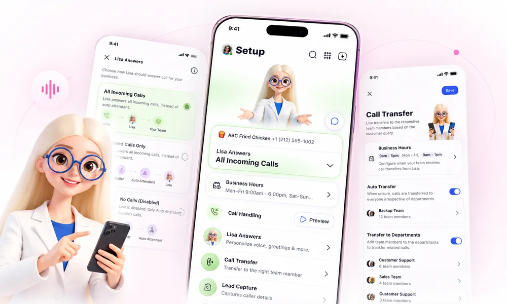 Three LinkedPhone screens showing Lisa's setup: how she answers calls, her business hours and call handling, and a call-transfer sheet routing callers to teams.
