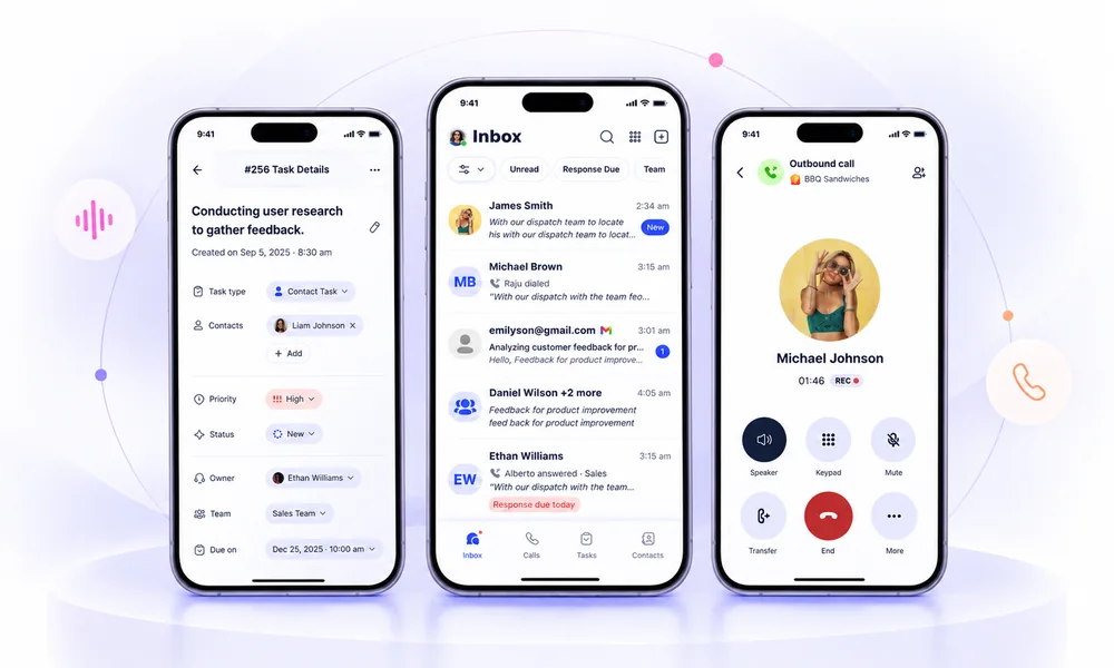 Three LinkedPhone screens from the rebuilt platform: a task detail with owner, team and due date; a unified inbox; and an active outbound call.