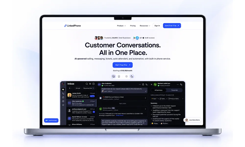 The rebuilt LinkedPhone marketing site on a laptop, headlined Customer Conversations. All in One Place.