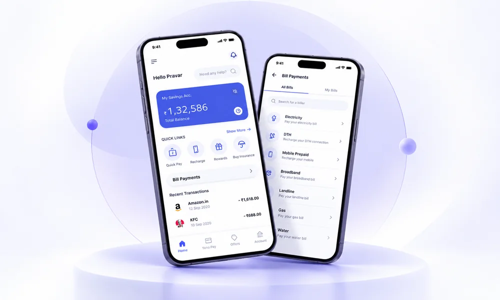 Two phones showing the YONO banking redesign: an account home with balance and quick actions, and a bill-payments screen.