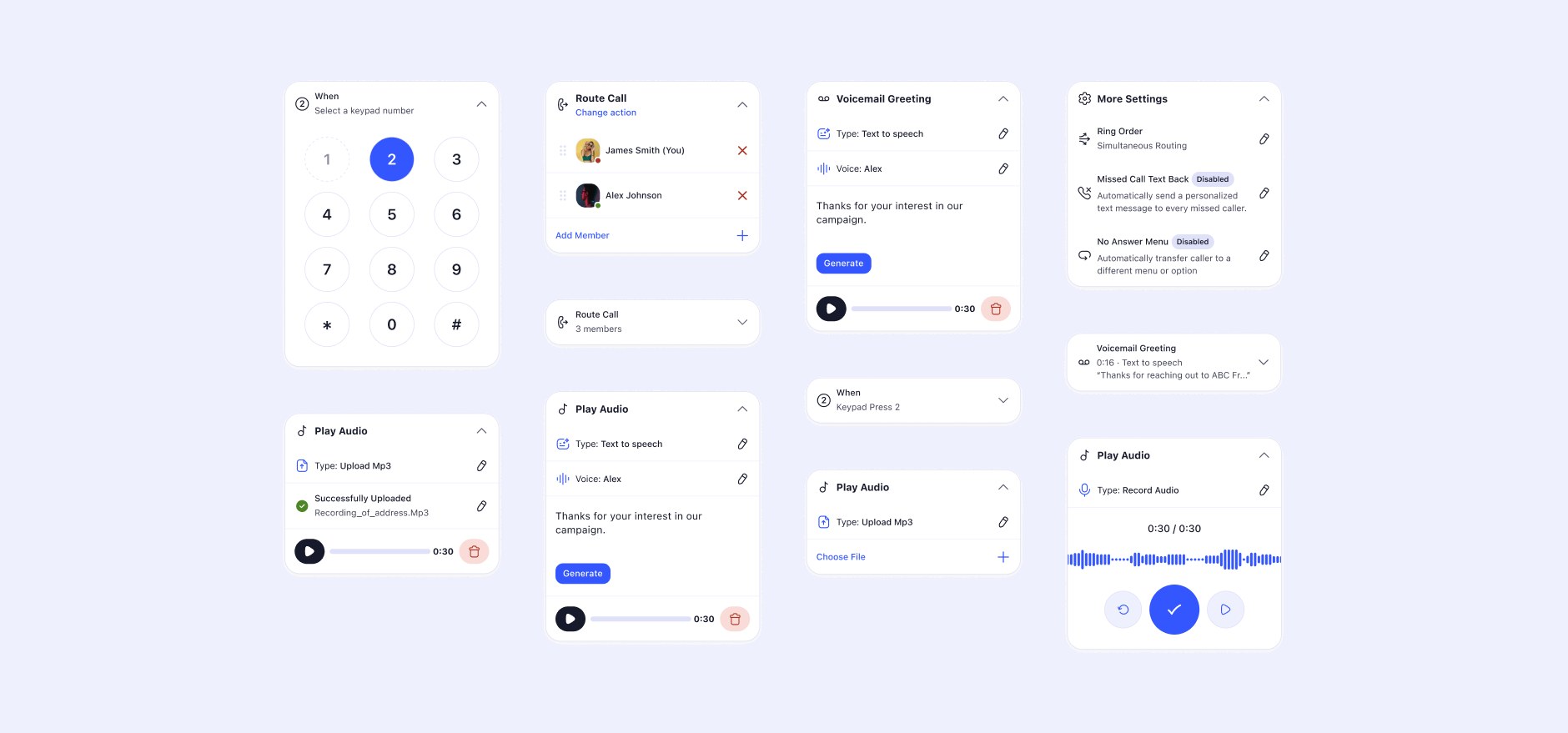 Component cards: a keypad selector for When, Route Call expanded and collapsed, Play Audio as text to speech, upload and recording, Voicemail Greeting, and More Settings.