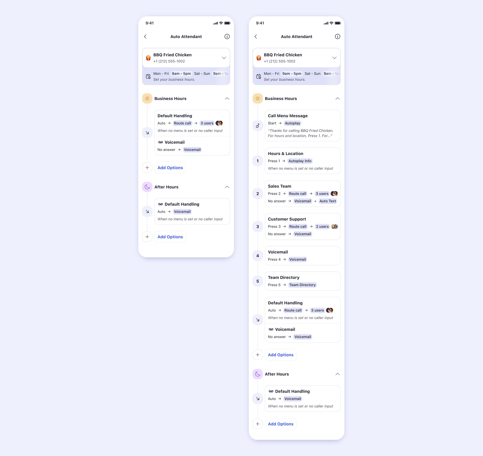 Two live Auto Attendant screens for BBQ Fried Chicken. Left, the simplest setup: business hours and after hours, each with one Default Handling rule. Right, the same screen grown into a full menu: a call menu message and five numbered options, each read as Press, action and who answers.