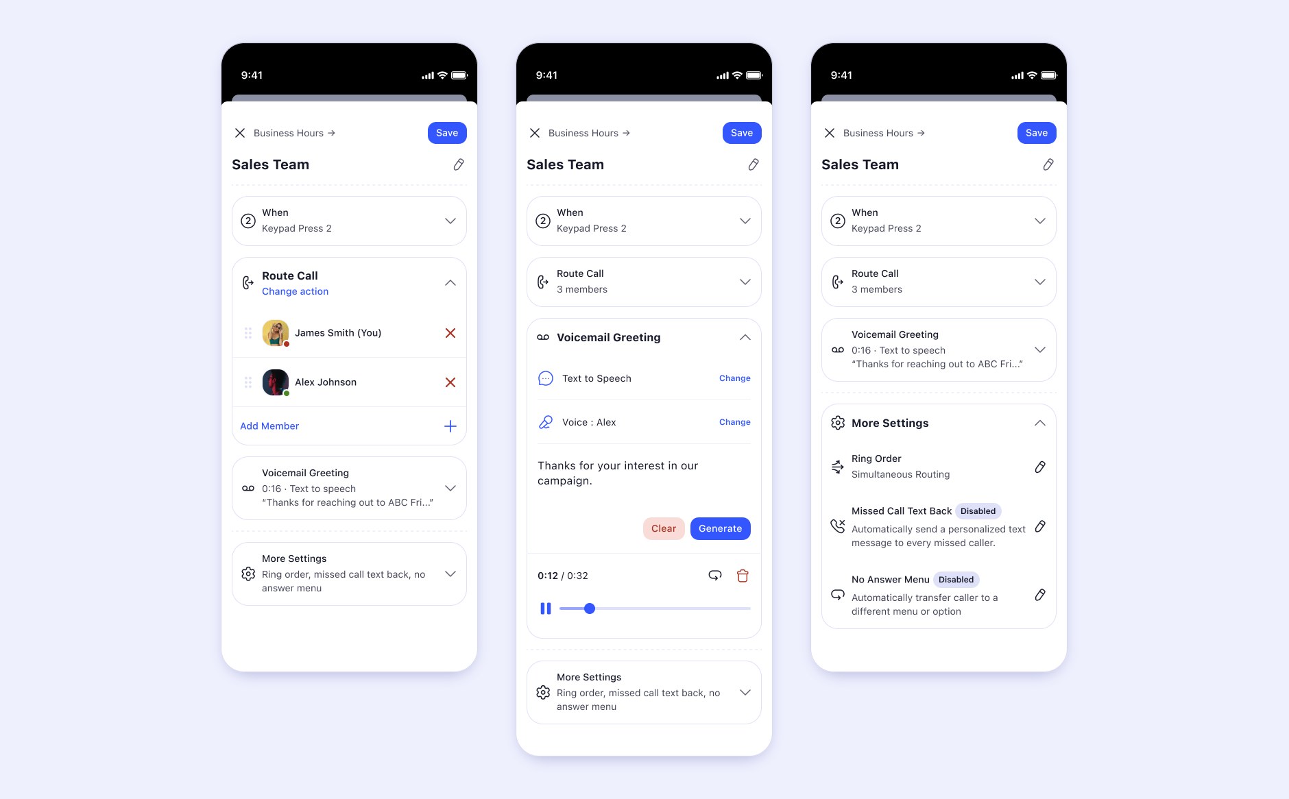 Three states of the Sales Team option: collapsed with When, Route Call, voicemail greeting and More Settings; the voicemail greeting expanded with text to speech, voice Alex and a player; and More Settings expanded with ring order, missed call text back and no answer menu.