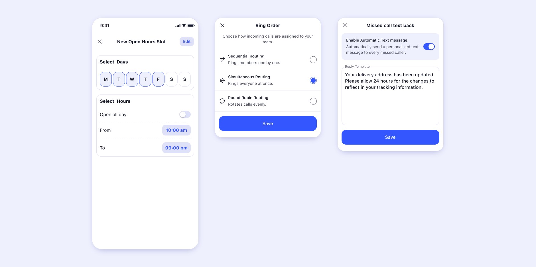 A New Open Hours Slot screen with day chips and from and to times, a Ring Order sheet with sequential, simultaneous and round robin routing, and a Missed call text back sheet with a reply template.