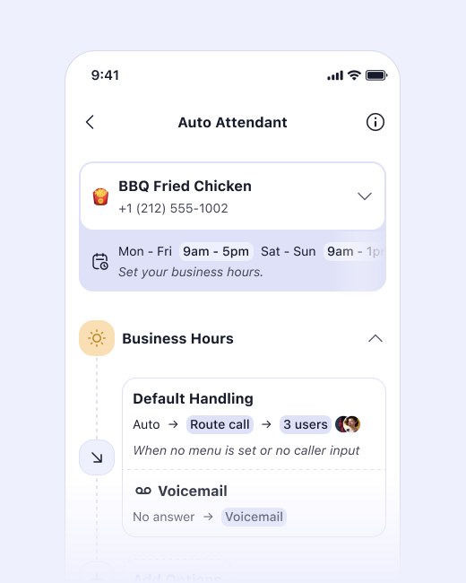 The live Auto Attendant screen in its simplest state: a business, its hours, and one default rule for business hours and one for after hours.