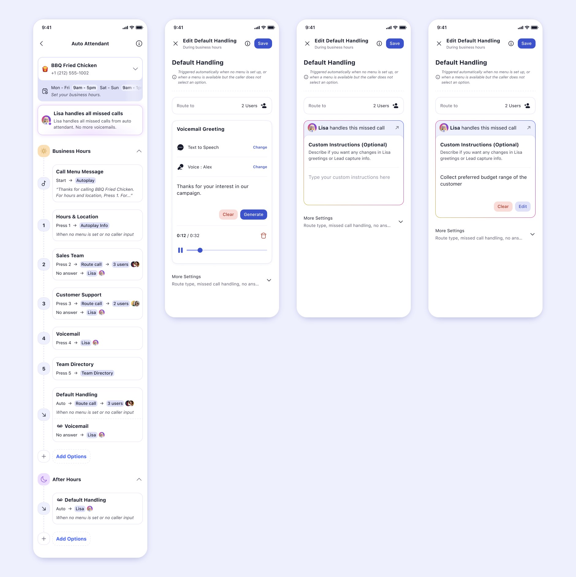 Auto Attendant with a Lisa handles all missed calls banner and Lisa replacing voicemail on each option, and the Default Handling editor with Lisa handling the missed call plus custom instructions.