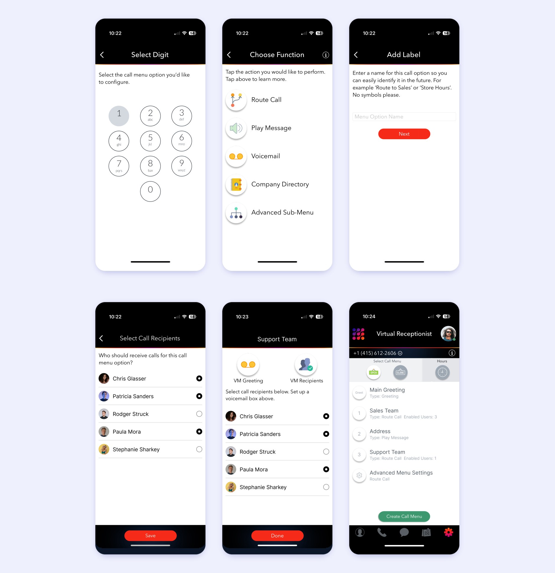 Six screens from the live app in order: Select Digit keypad, Choose Function list, Add Label field, Select Call Recipients, the Support Team voicemail greeting and recipients, and the updated Virtual Receptionist list.