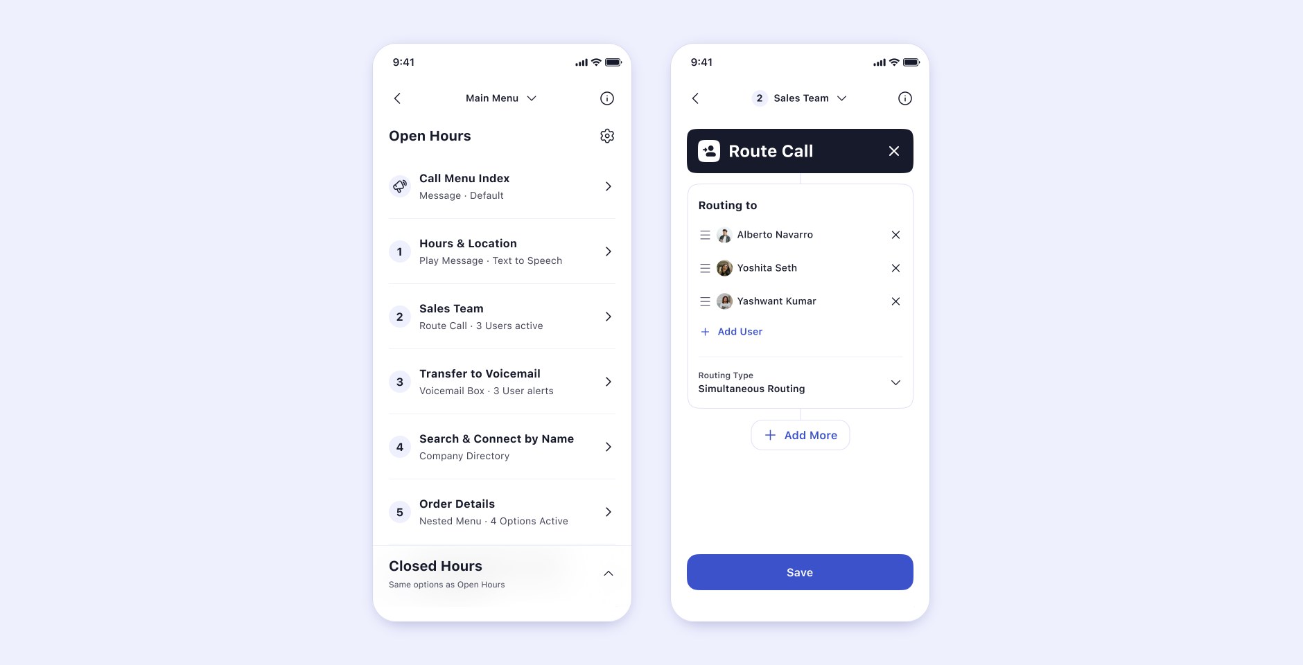 V1: an Open Hours list headed by a call menu index with five numbered options, each with a one-line summary, and Closed Hours collapsed as Same options as Open Hours. The Route Call editor is a block listing three people with an Add More button beneath it.