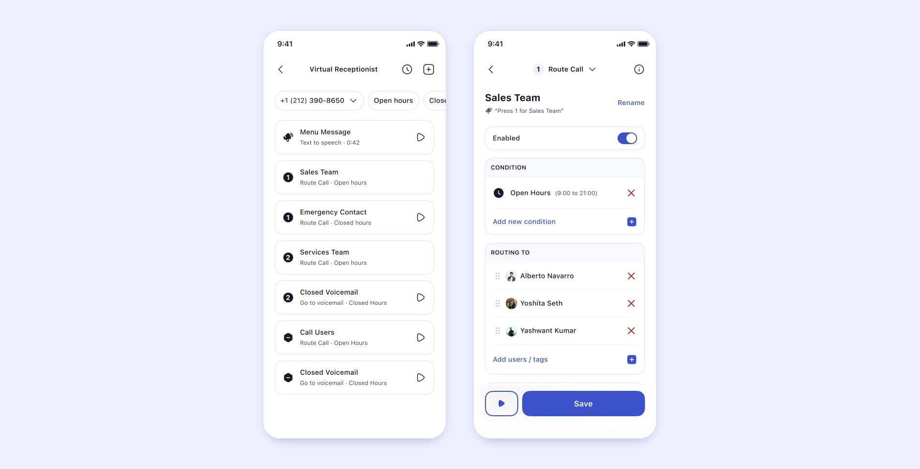 V4: a single list of menu message and options filtered by phone number, open hours and closed hours chips, each row showing its action and hours. The option editor has an Enabled toggle, a Condition block for Open Hours 9:00 to 21:00, and Routing To.