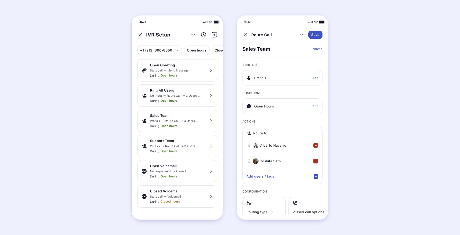 V5: IVR Setup, where each card reads as a chain such as Press 1, Route Call, 3 Users, During Open hours, including a No Input to Route Call card. The option editor is split into Starters, Conditions, Actions and Configuration.