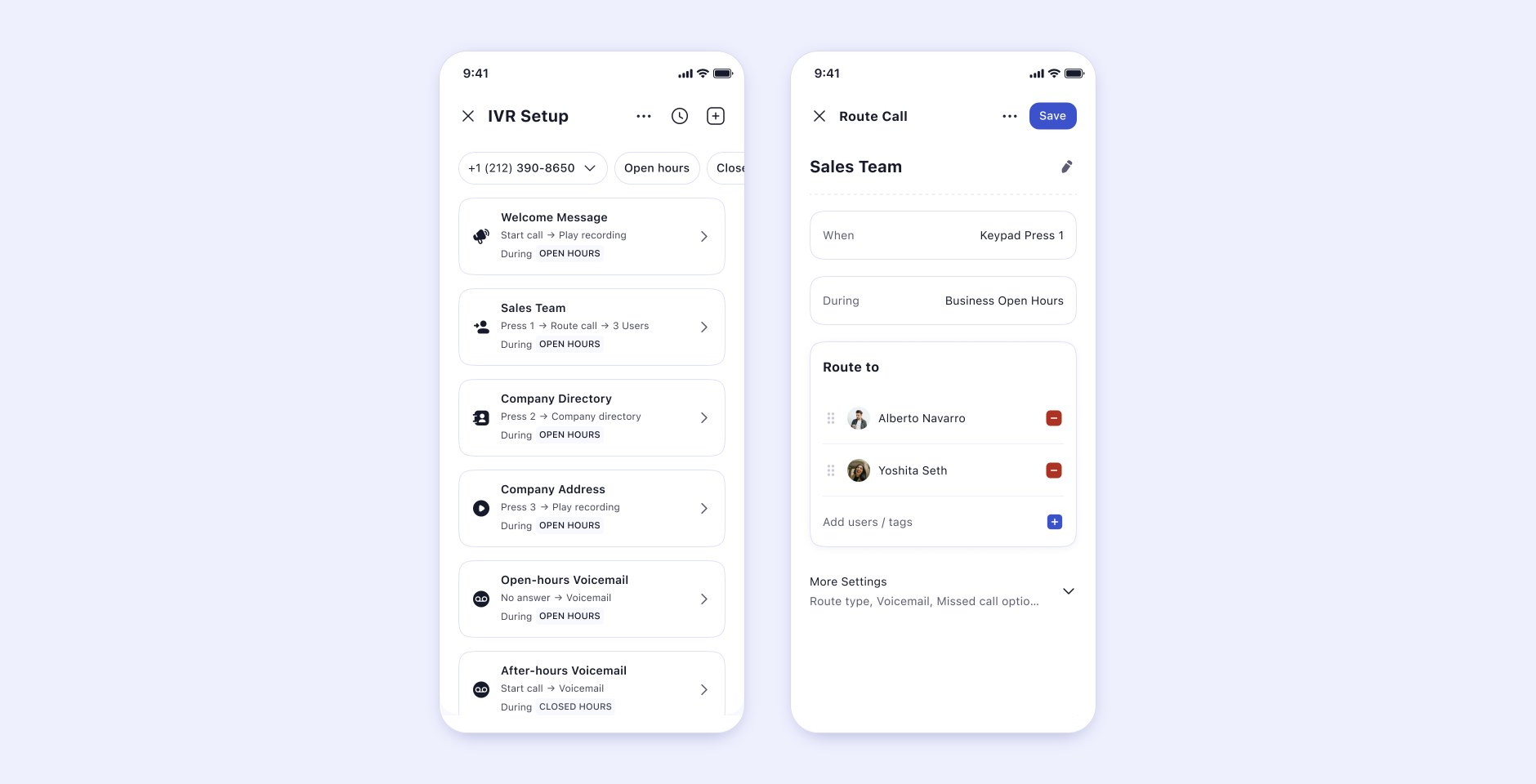 V6: the IVR Setup list with Welcome Message, Sales Team, Company Directory, Company Address and voicemail cards, each tagged with its hours. The editor reads When Keypad Press 1, During Business Open Hours, Route to two people, and More Settings collapsed.