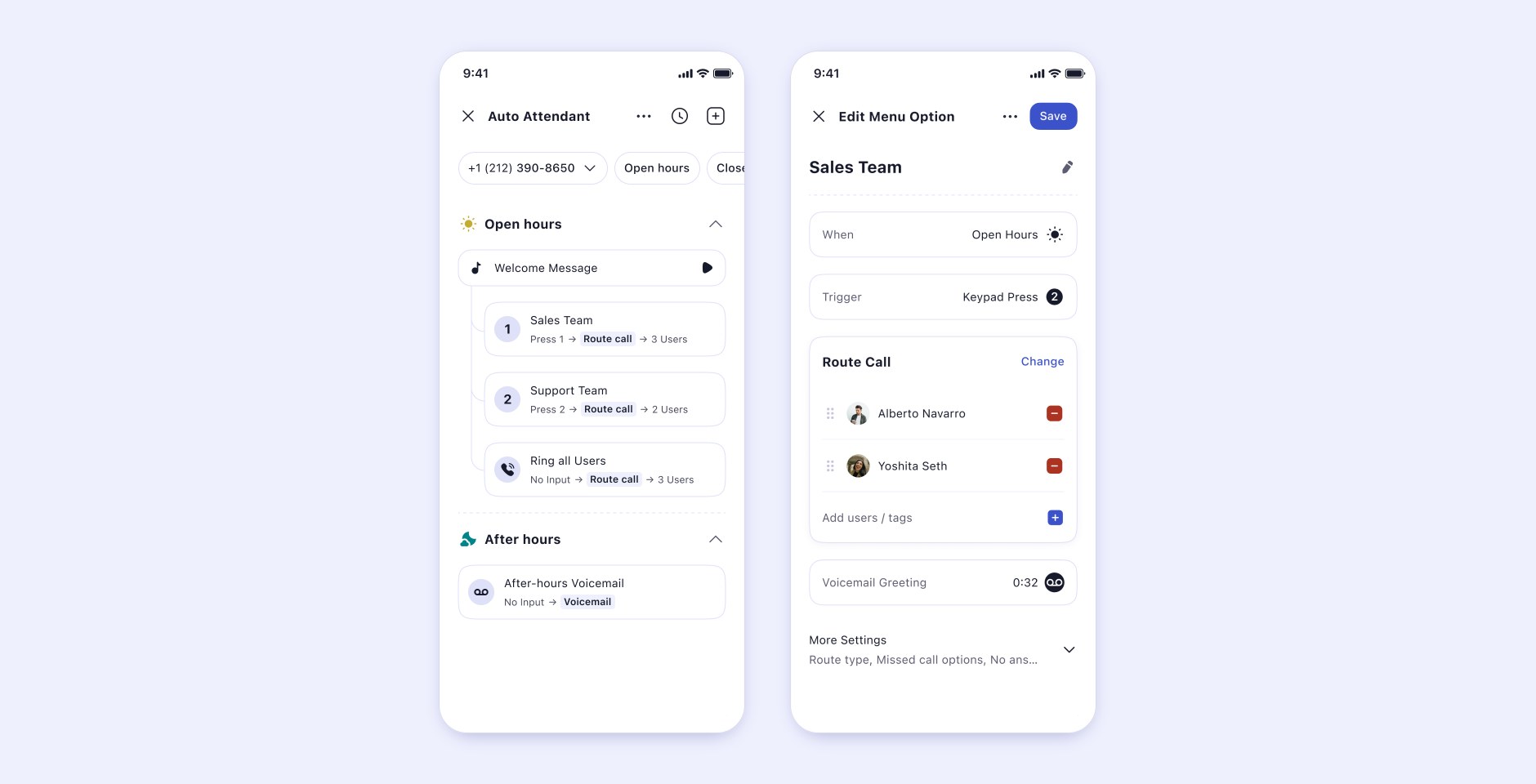 V7: renamed Auto Attendant. Open hours and After hours are collapsible groups; the Welcome Message is the parent and the numbered options indent beneath it. The Edit Menu Option screen shows When Open Hours, Trigger Keypad Press 2, Route Call with Change, and a voicemail greeting.