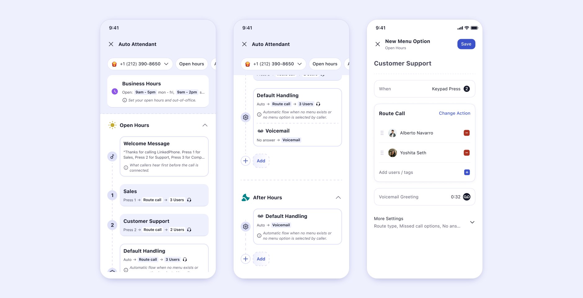V8: a Business Hours card at the top, Open Hours as a rail of numbered nodes, and a Default Handling card described as the automatic flow when no menu exists or no option is selected, with Add at the end of each group. A New Menu Option screen carries Open Hours in its header.