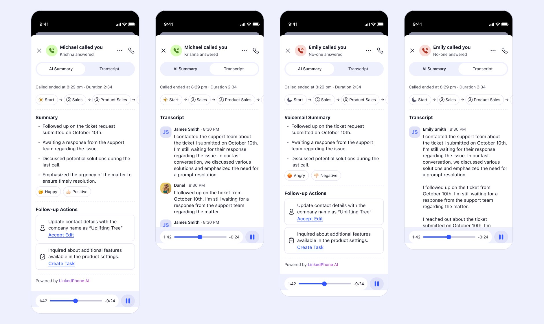 Four pre-Lisa call-detail screens: one call answered by a colleague and one nobody answered, each with an AI Summary tab showing summary bullets, sentiment and follow-up actions, and a Transcript tab showing the conversation turn by turn.