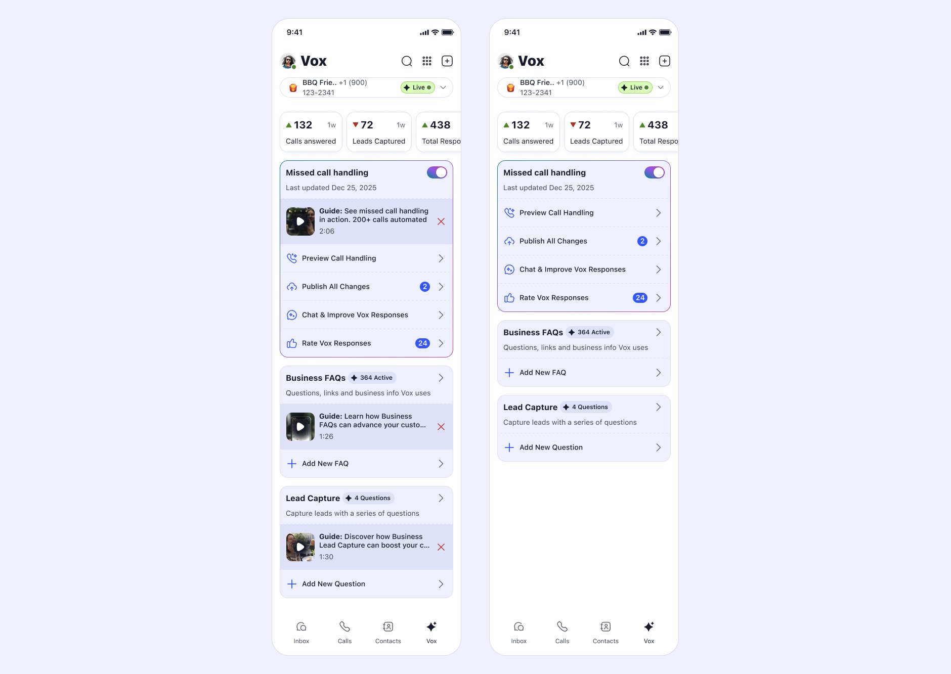 Two variants of the same dashboard showing calls answered, leads captured and total responses. The left variant carries an explainer video inside every card; the right variant has them removed.