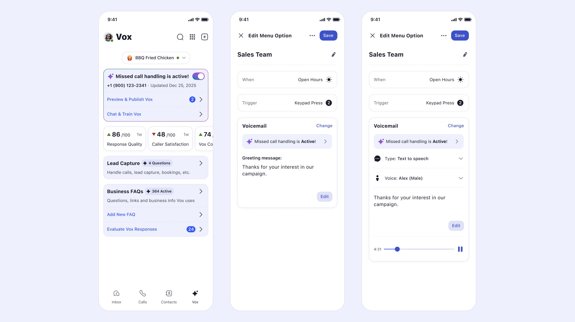 Left, an early dashboard headed Vox with Response Quality 86 out of 100 and Caller Satisfaction 48 out of 100 on the home screen. Right, two Auto Attendant menu-option screens for a Sales Team menu, where the Voicemail slot has been given over to missed call handling.