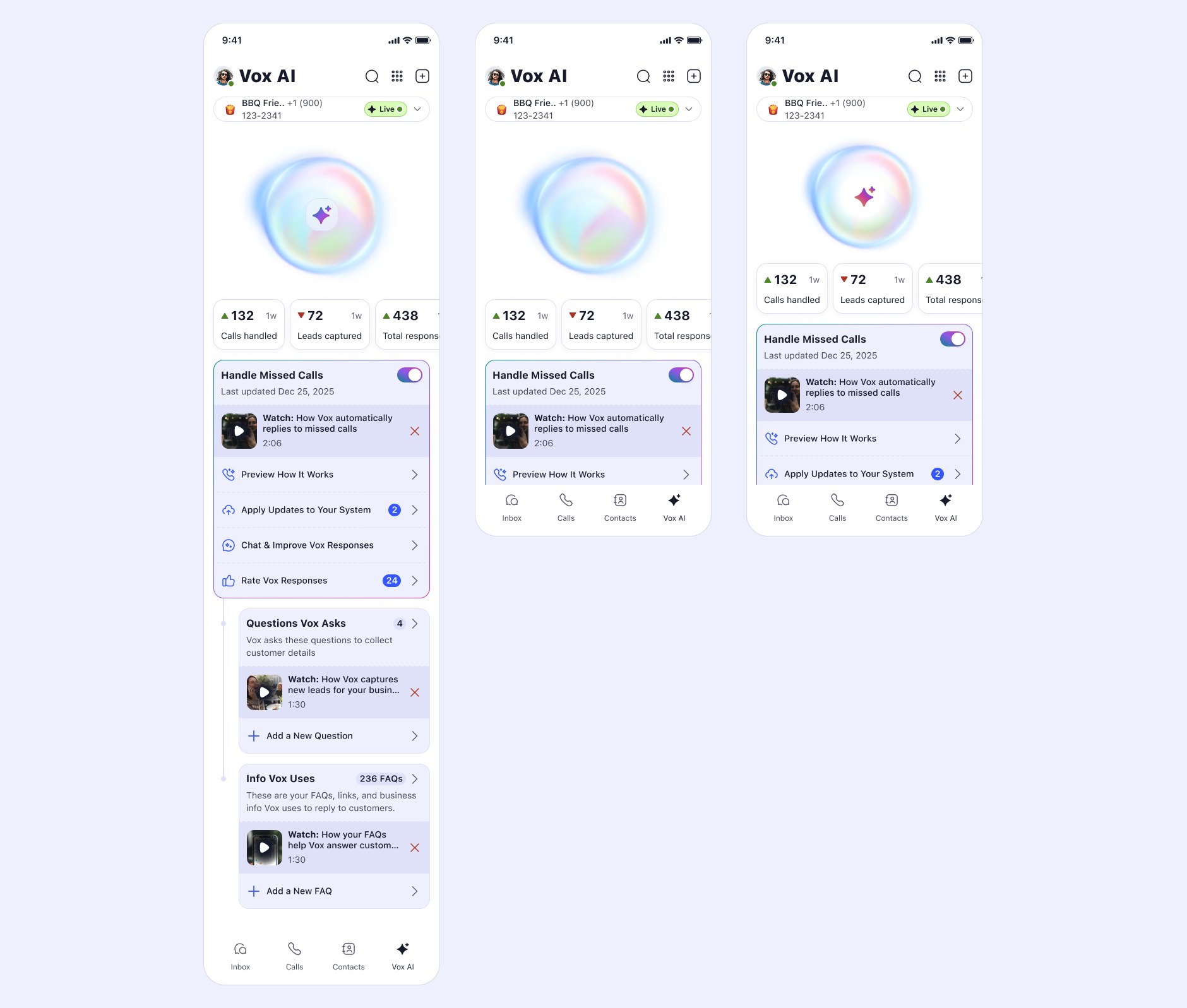 Three dashboard screens each carrying a large iridescent soap-bubble orb above the metrics, at different scales and placements.