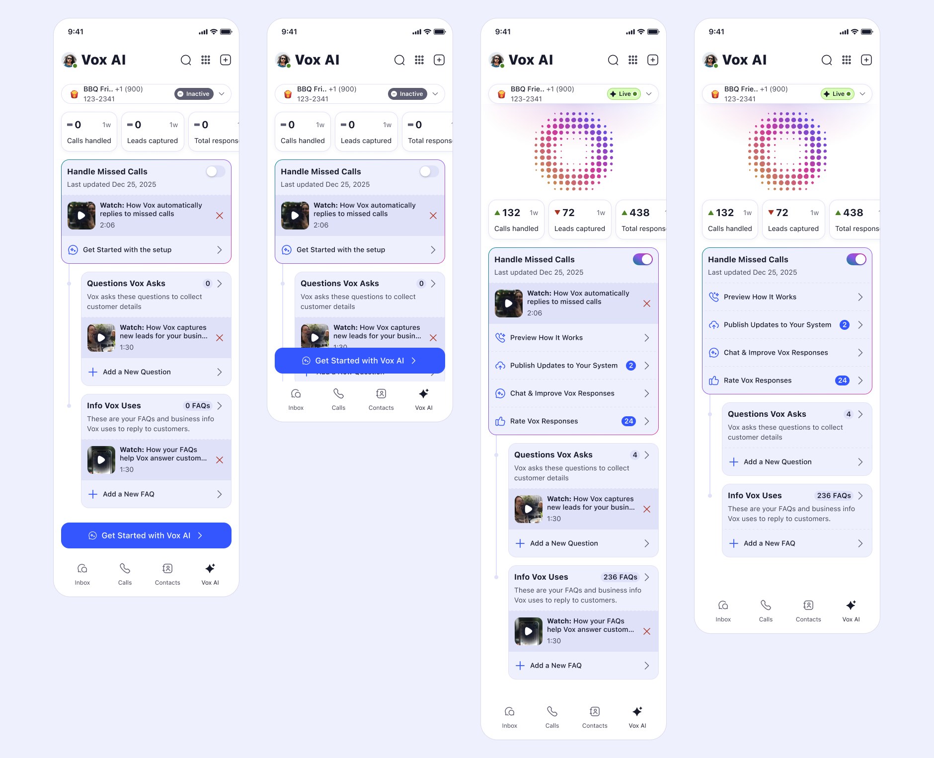 Live and empty states using the settled dot-ring form, with a persistent Get Started action running through every empty state.