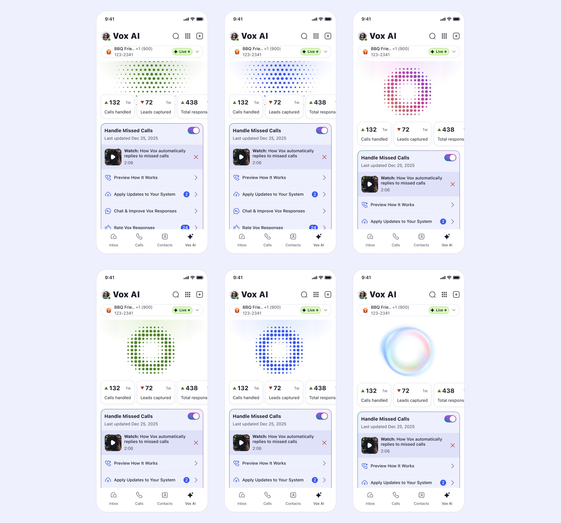 Seven variants of the same screen in a row, exploring halftone dot fields, dot-ring forms and the orb as the visual representation of the assistant.