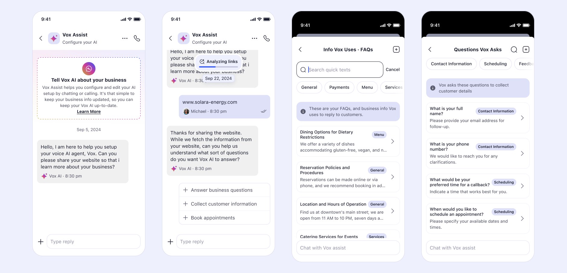 Left, chat setup screens where jobs are chosen in conversation and a restaurant menu is shared into the thread as an image. Right, structured FAQ management screens listing the same knowledge as editable, categorised entries with search and tabs.