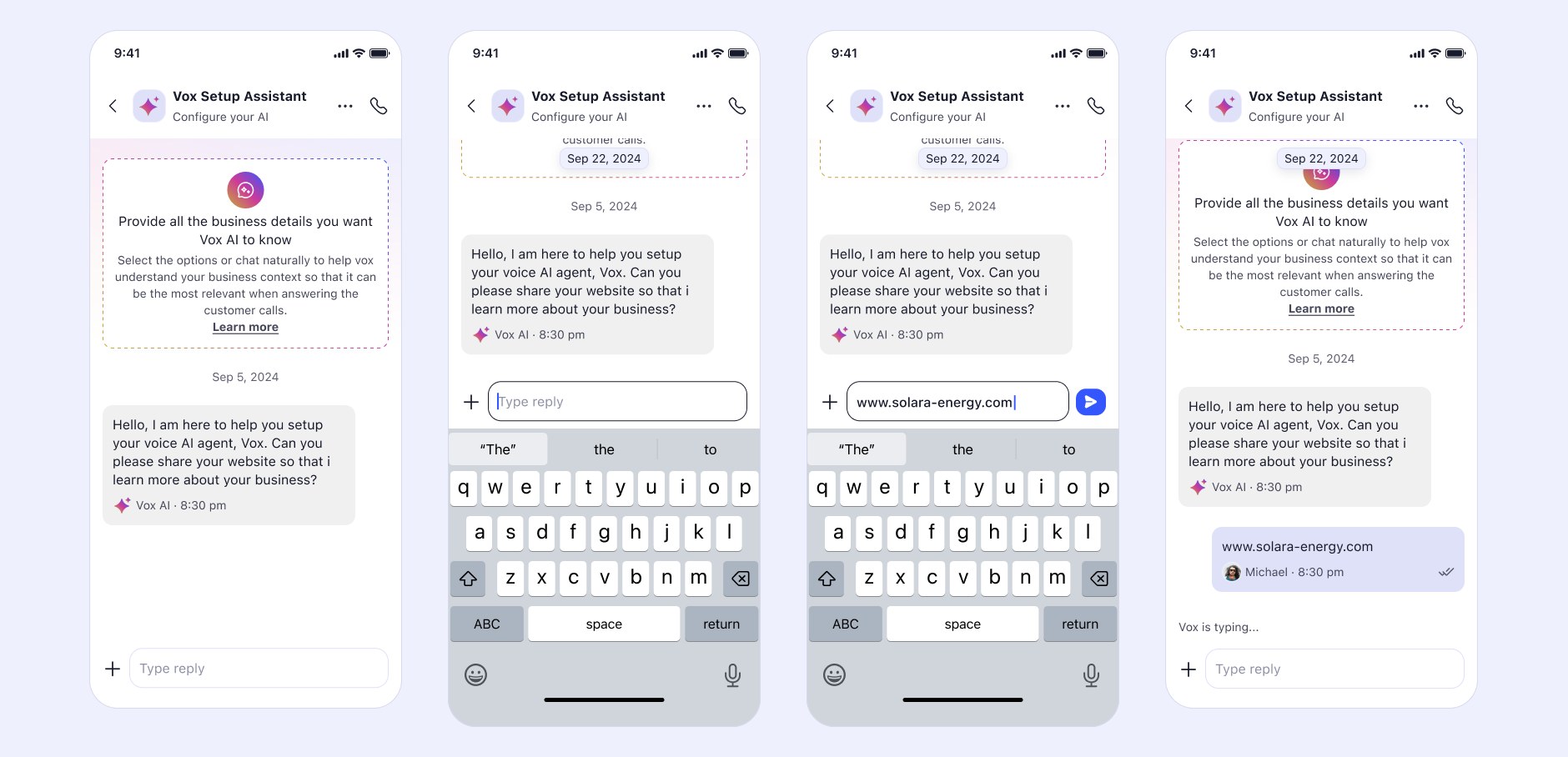 A four-screen sequence of a chat-based setup assistant: an intro card, the user typing a website URL, an analysing-links state, and the assistant confirming what it fetched.