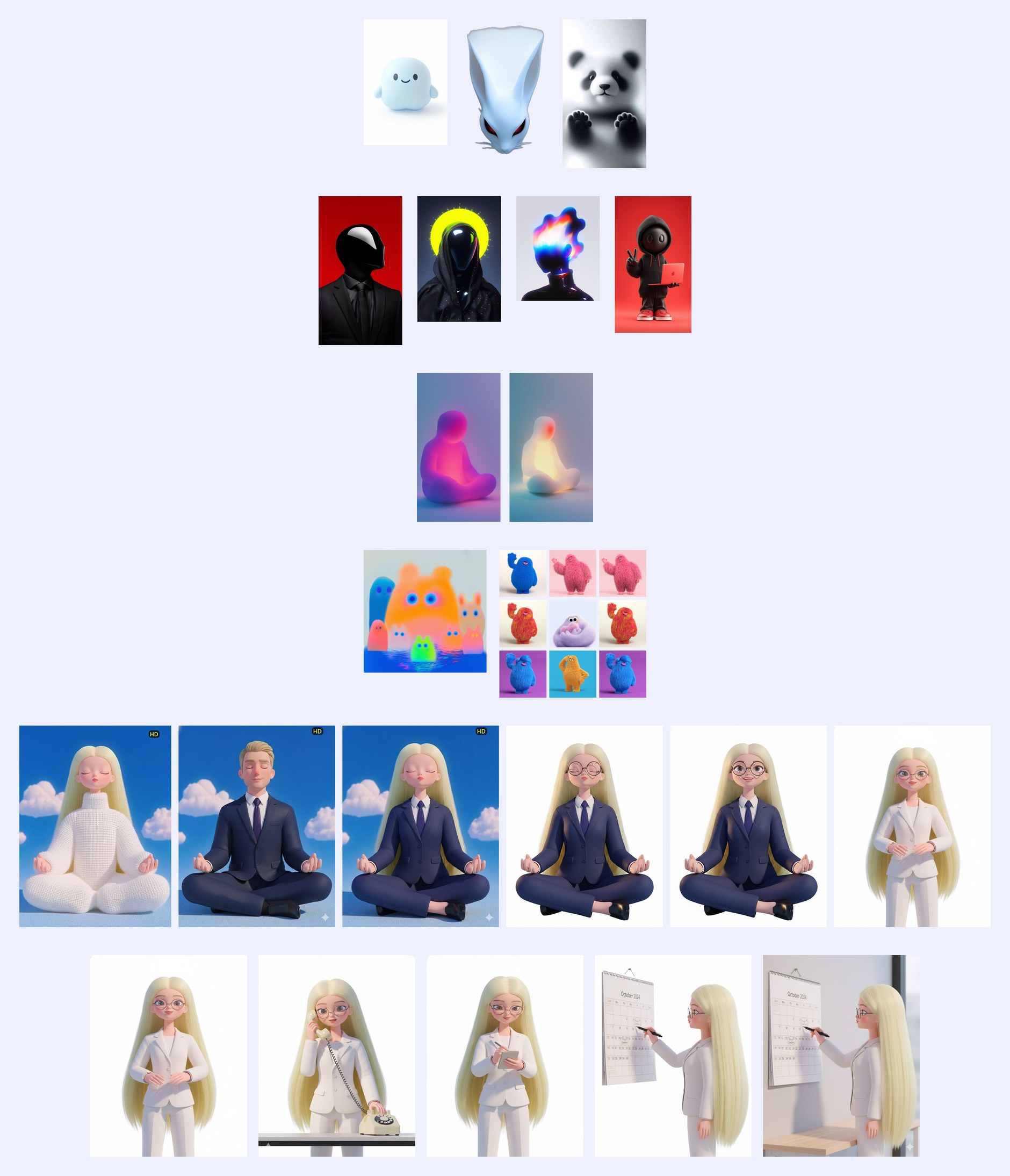 A tall exploration board of five character families: cute mascots, faceless suited figures, glowing abstract forms, fuzzy monsters, and a human figure shown meditating and then working on the phone, with a notepad and at a calendar.