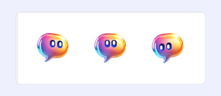 Three iridescent speech-bubble icons with eyes, drawn in the character's material language.