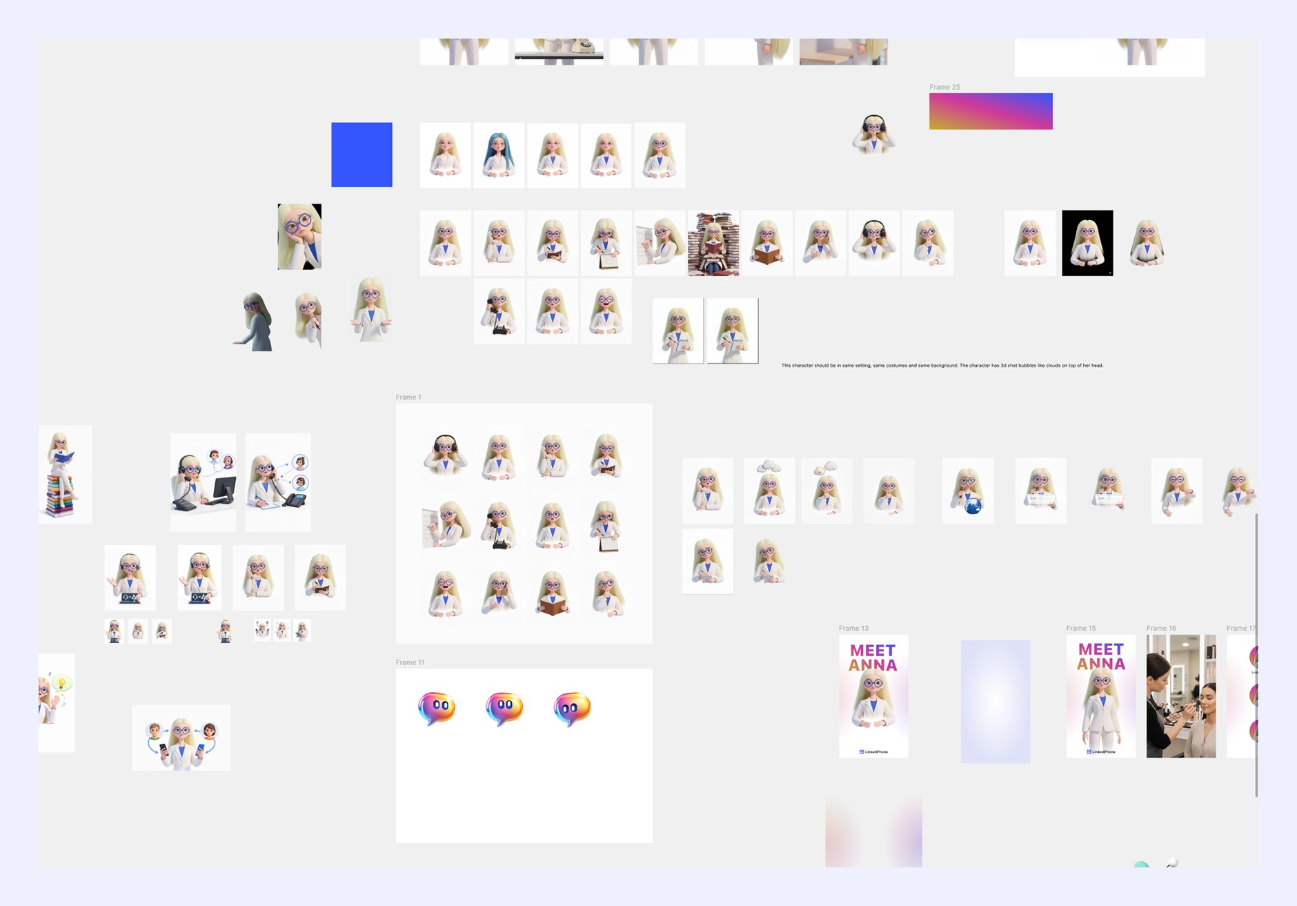 A large production board of character renders: the same figure listening, thinking, reading, on the phone and at a screen, in dozens of poses, alongside icon studies and poster frames.