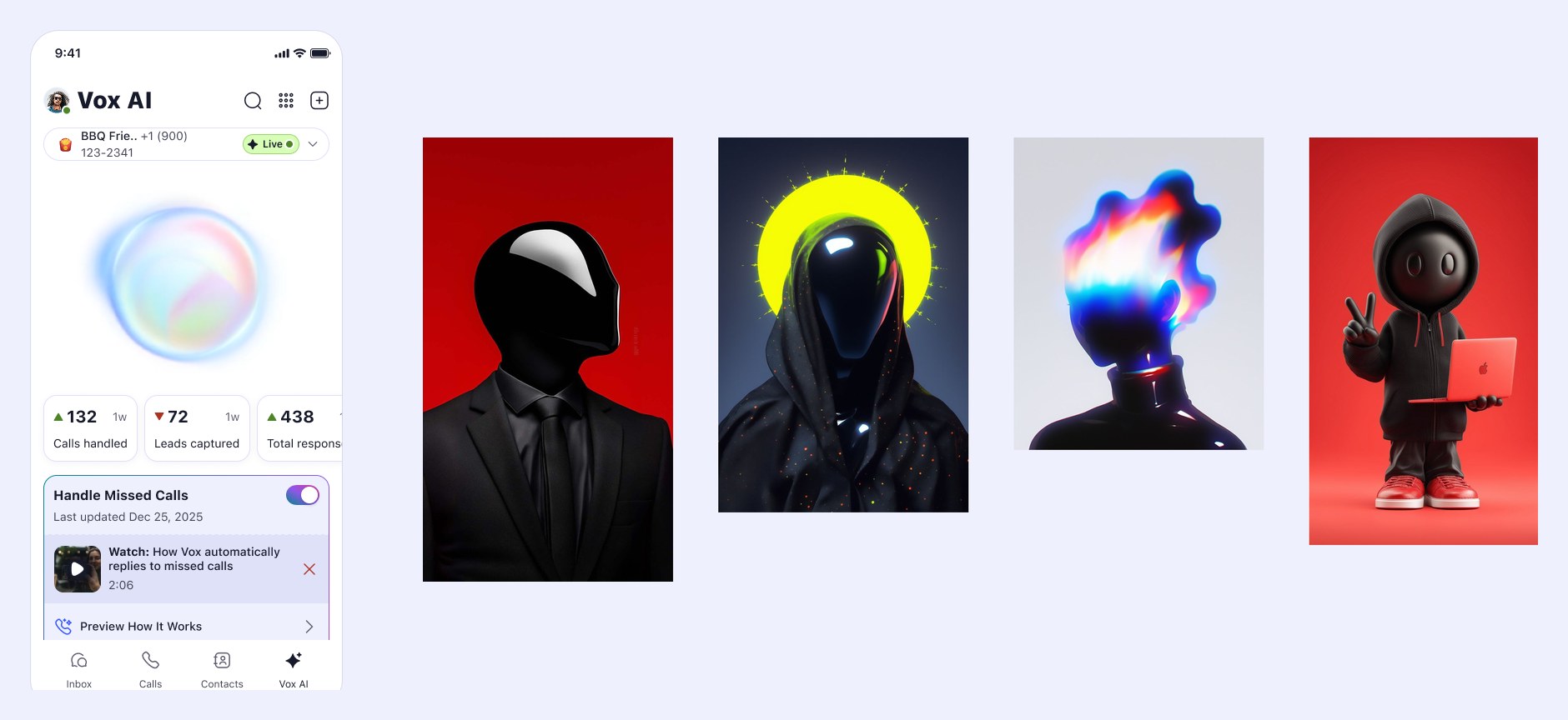 The iridescent orb screen placed beside four faceless, black-visored suited figures from the character exploration.
