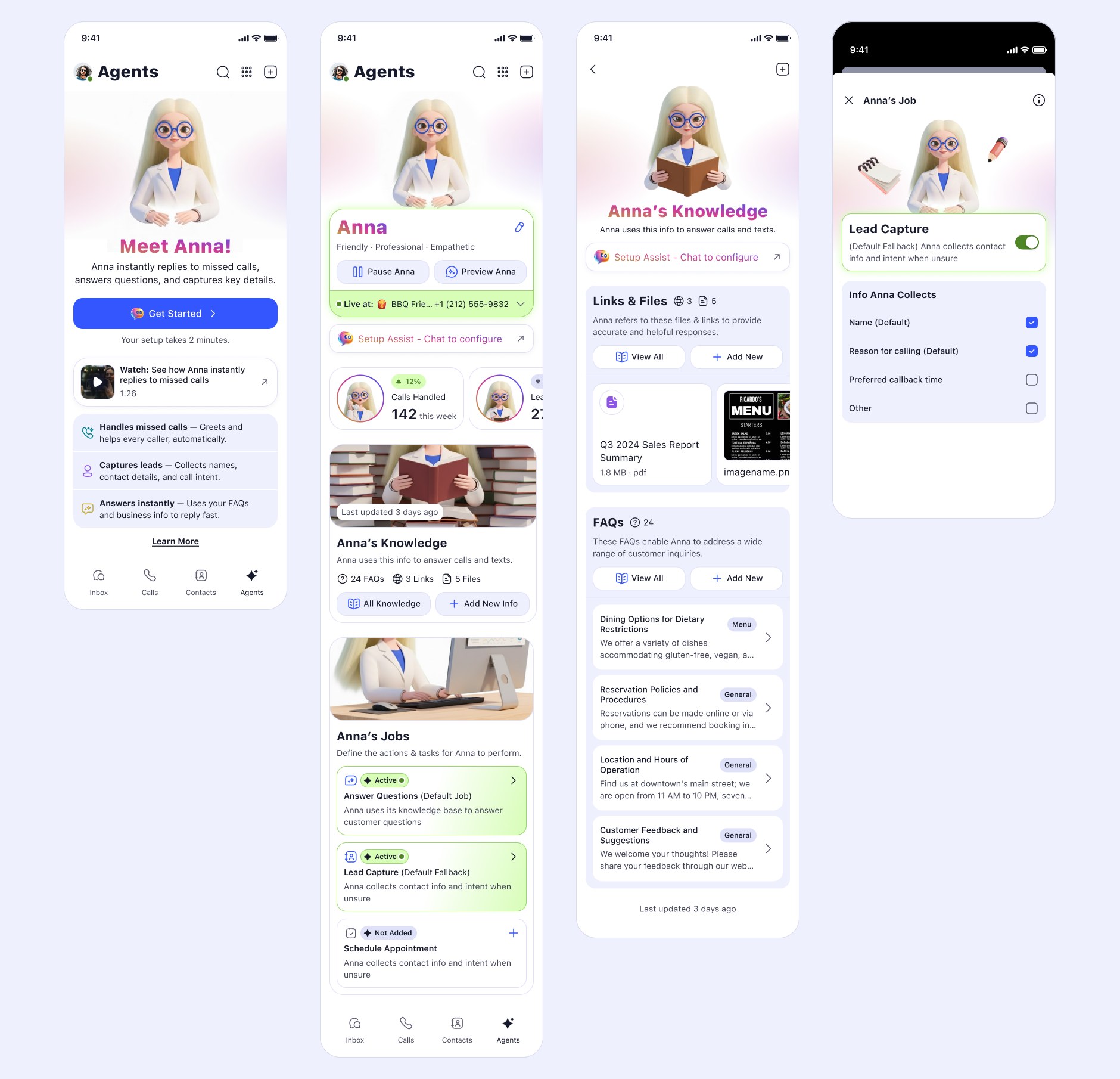 Profile screens headed with the character's name, showing her knowledge, her jobs, a calls-handled chart, and a lead-capture configuration sheet.