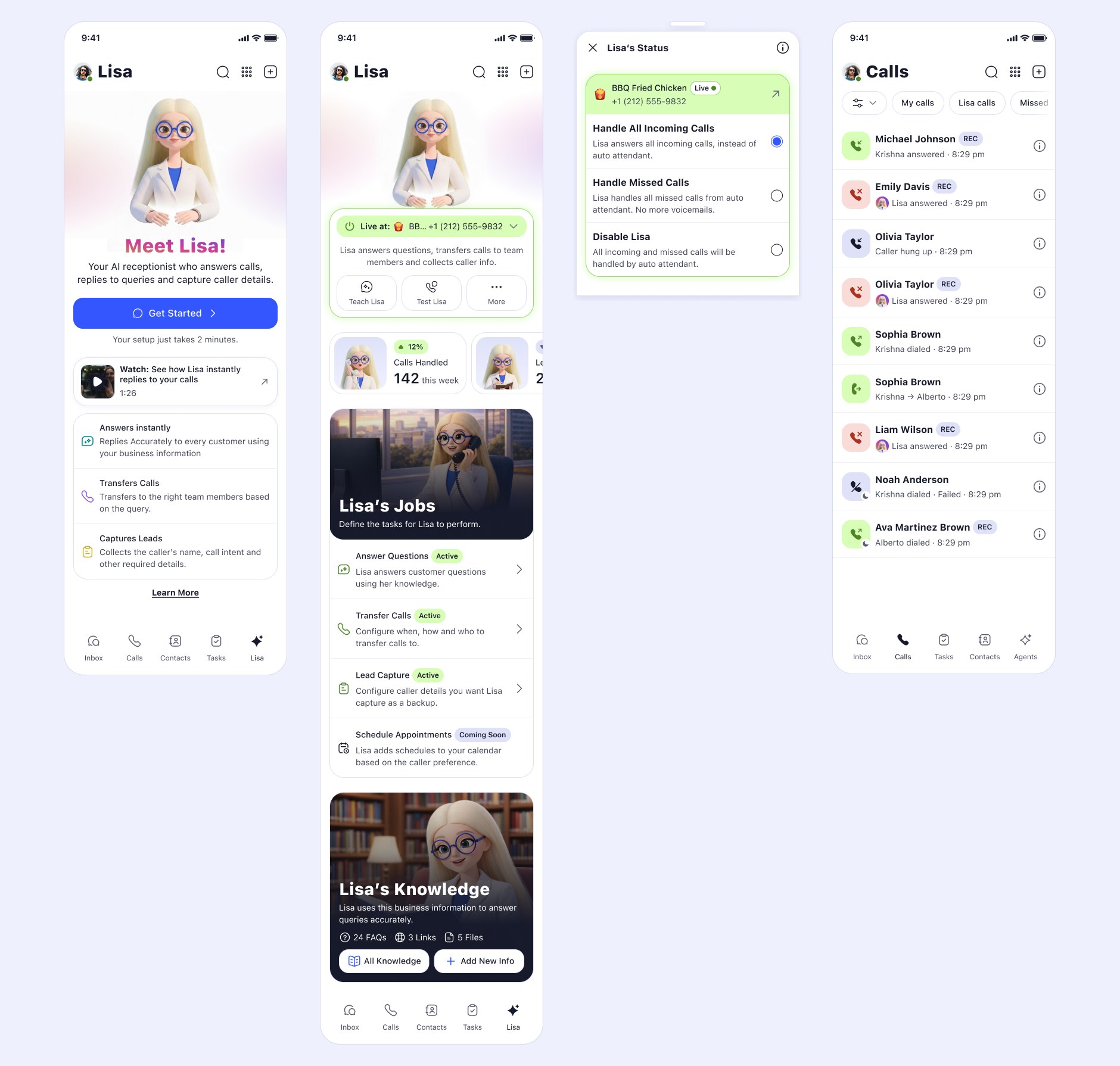 A profile screen reading Meet Lisa, your AI receptionist who answers queries and captures caller details, beside her jobs list and a Calls tab filtered to Lisa calls.
