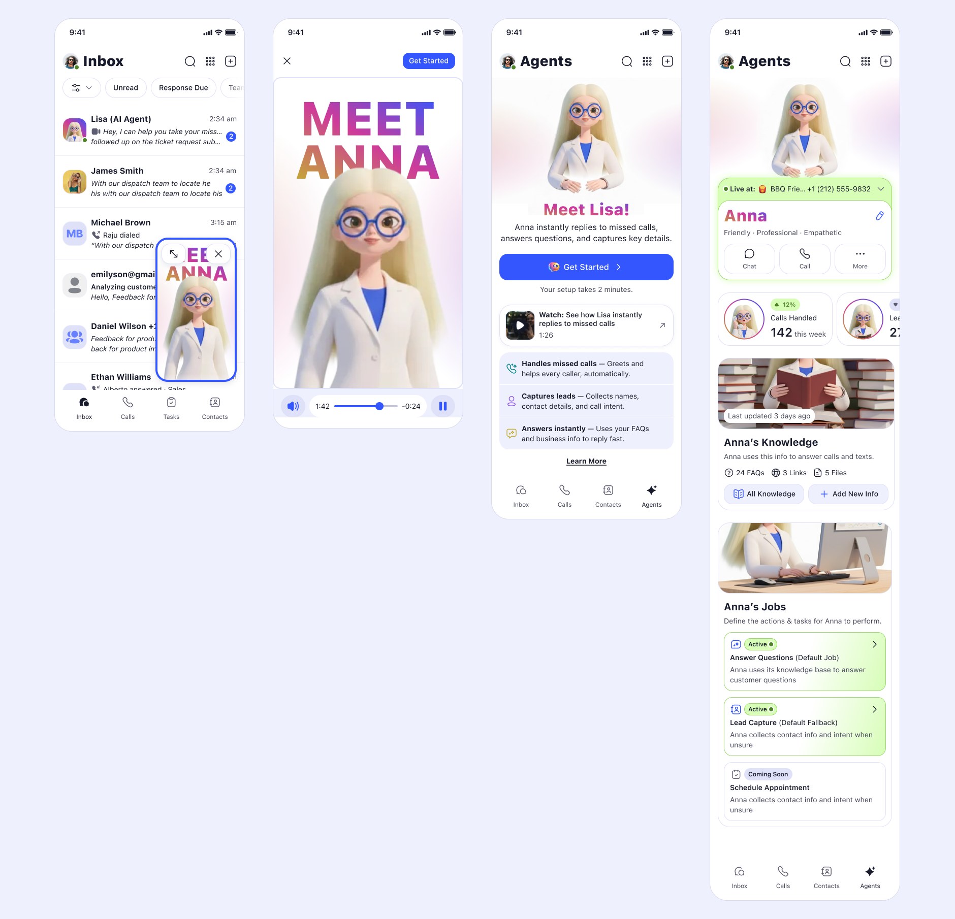 Transitional screens where the header carries one name while the body copy still carries the previous one, alongside the agent appearing as a thread in the shared inbox and an in-product video player.
