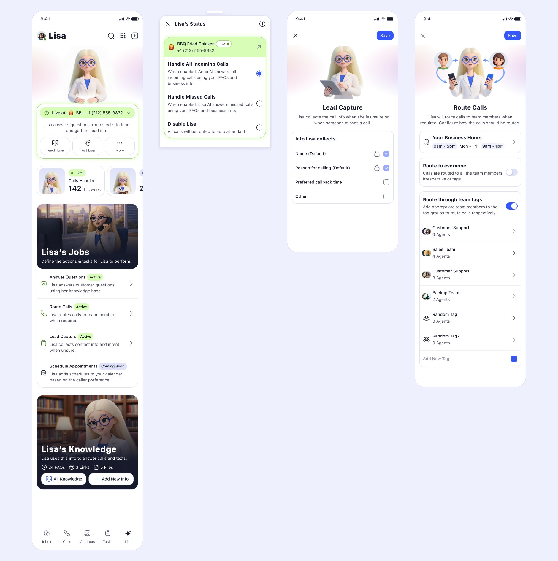 A status sheet offering all incoming calls, missed calls or disabled, and a Route Calls detail screen configuring business hours and routing through team tags.