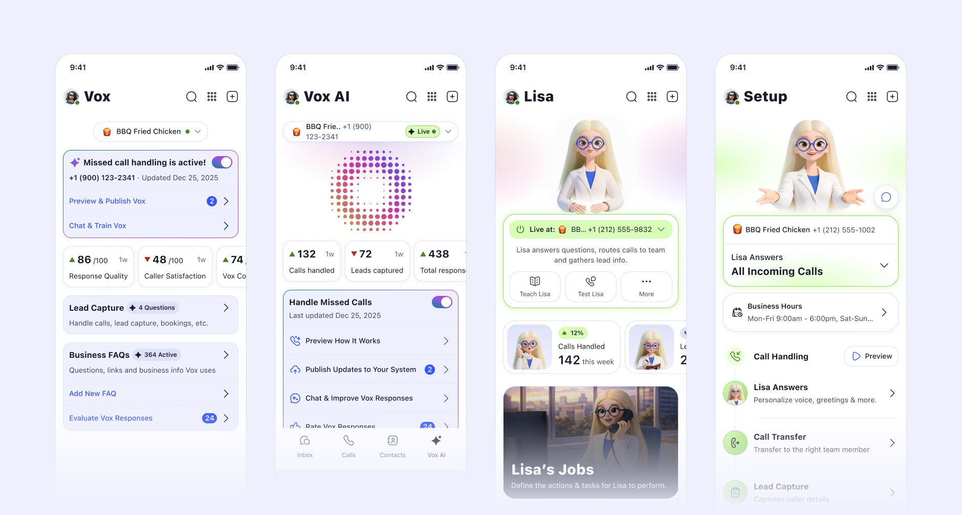 Four app headers side by side across the project's lifetime: Vox, Vox AI, Lisa, and a Setup screen reading Lisa Answers All Incoming Calls.