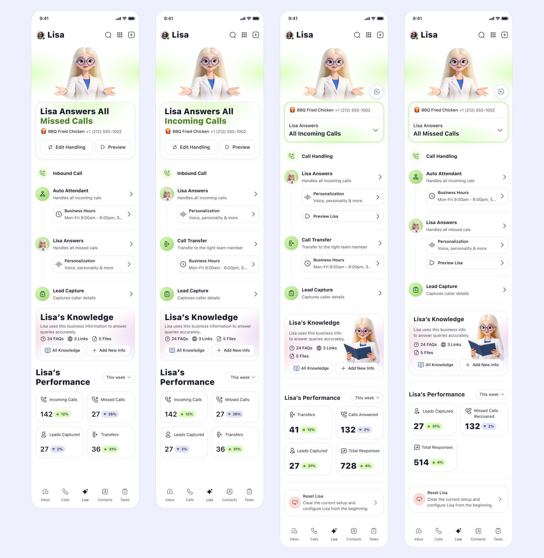 Four screens in which the headline sentence carries a dropdown, the call-handling list reorders per mode, and the performance metrics swap between missed calls recovered and calls answered.