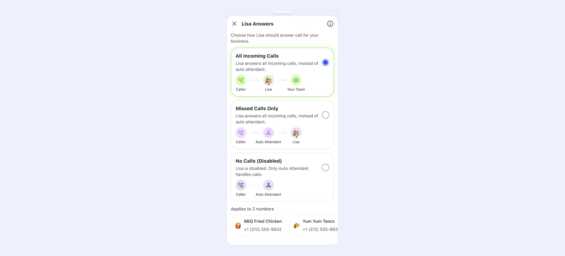 The mode picker sheet, with three options each carrying a small routing diagram: caller to Lisa to your team; caller to auto attendant to Lisa; and caller to auto attendant alone.