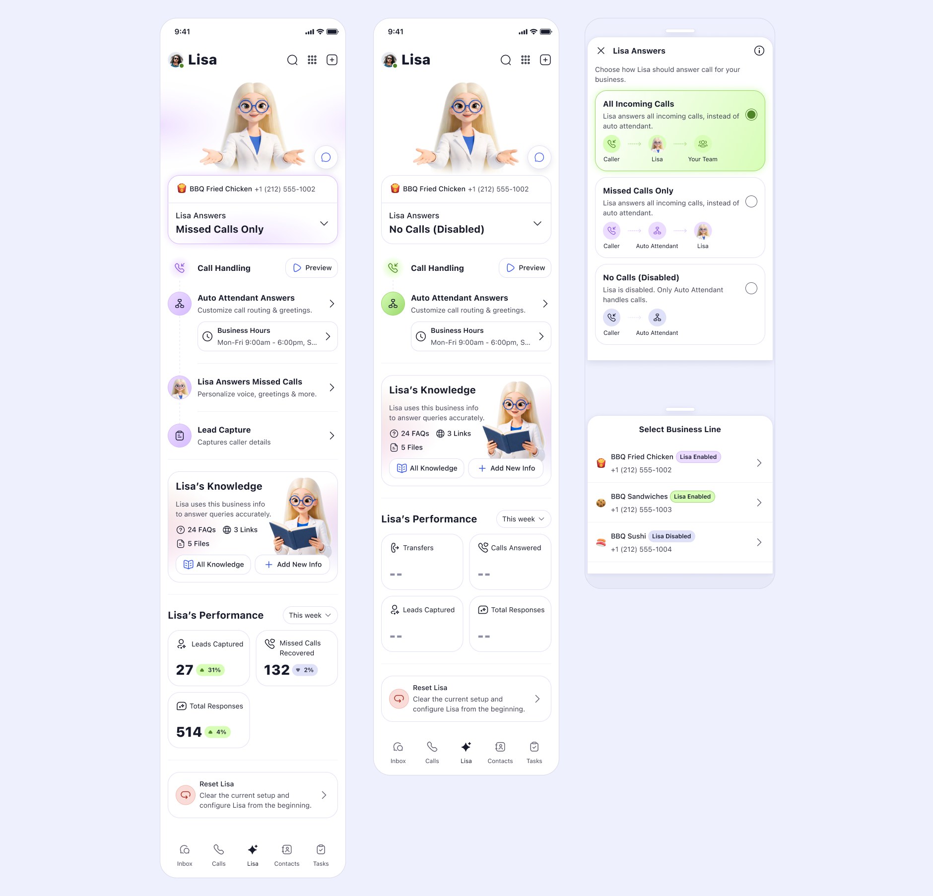 Two mode states of the same screen, missed calls only and disabled, beside the mode picker with a business-line selector listing three numbers, each showing whether Lisa is enabled on it.
