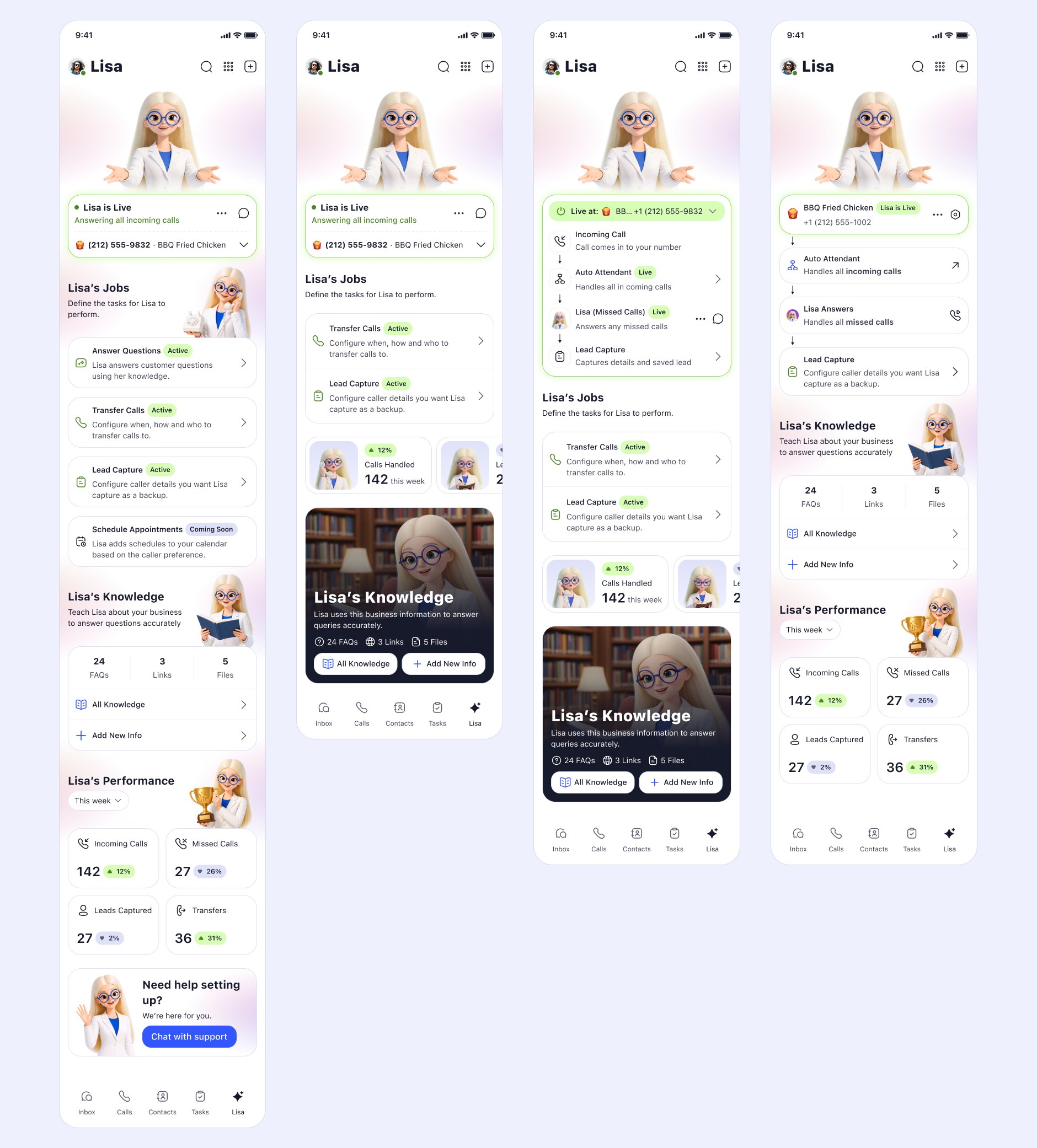 Four successive studies of the same home screen, in which the call routing gradually becomes a visible chain of incoming call, auto attendant, Lisa and lead capture, and the header turns into a sentence.