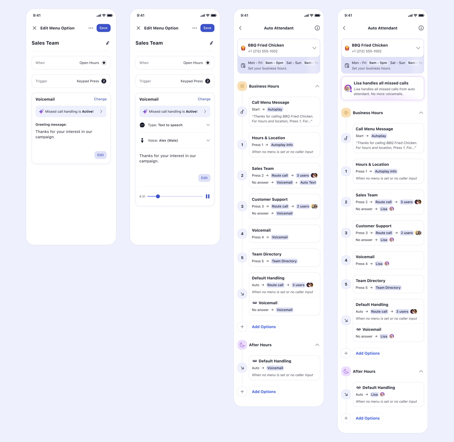 Left, the early Auto Attendant menu-option screens in which the AI occupies the Voicemail slot of a single menu branch. Right, the shipped Auto Attendant tree, where branches that previously fell through to Voicemail now fall through to Lisa.