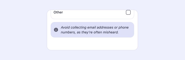 An inline note under the lead-capture field list reading: avoid collecting email addresses or phone numbers, as they're often misheard.
