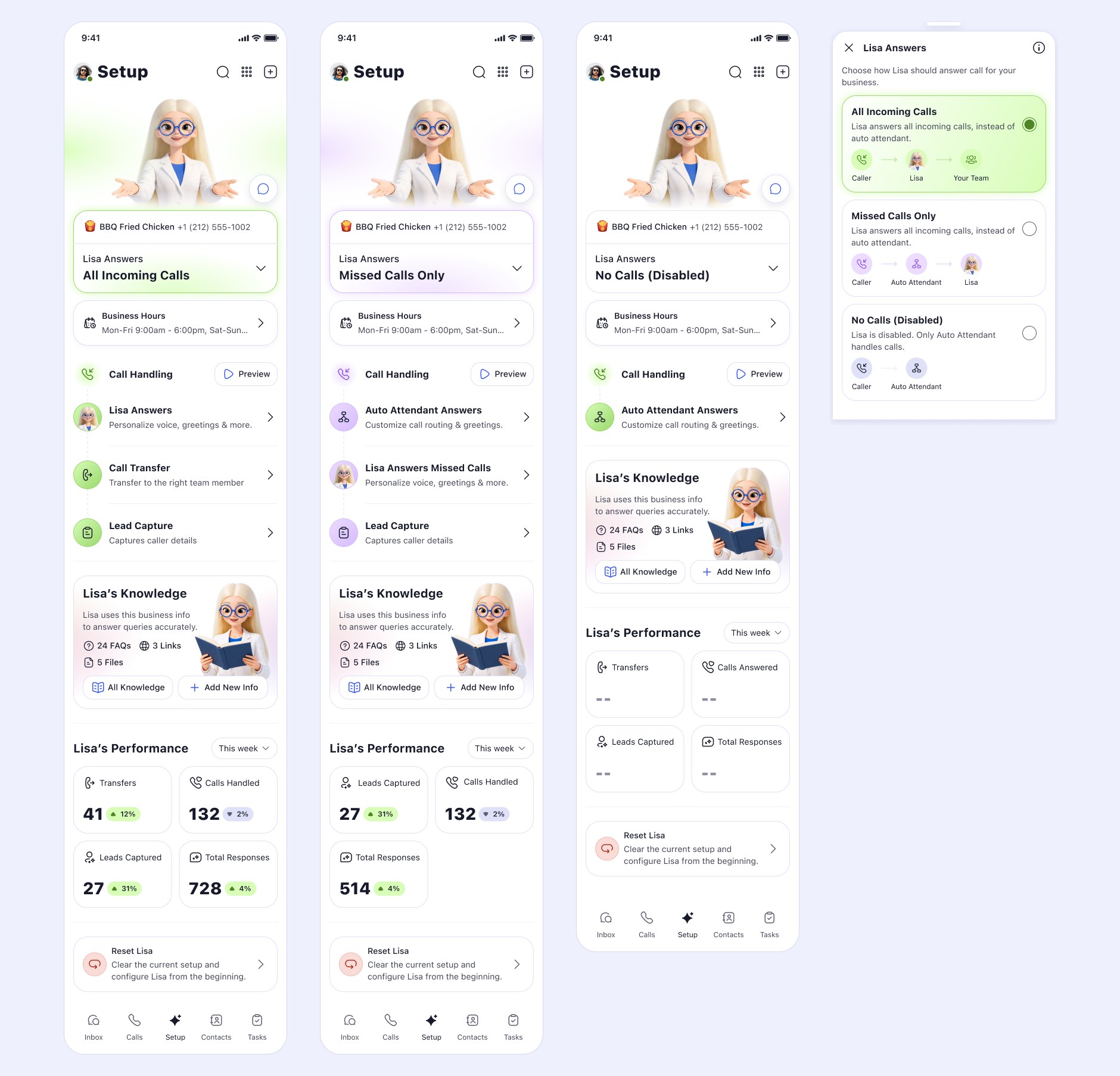 The same Setup screen in all incoming calls, missed calls only and disabled states, alongside the picker sheet, with the handling list and metrics changing between them.