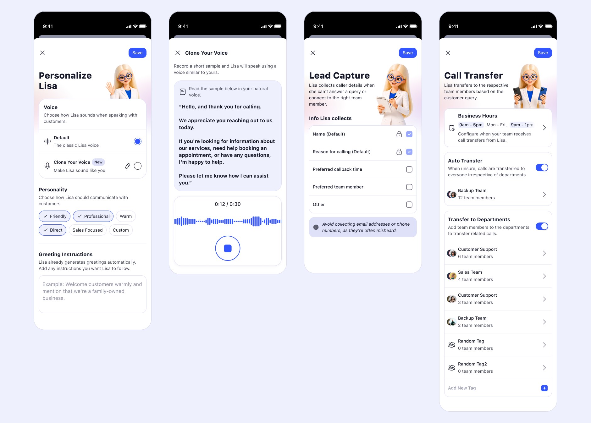 Personalization screens for voice and personality, a voice-cloning flow reading a sample script, the lead-capture field configuration, and call-transfer routing to departments.