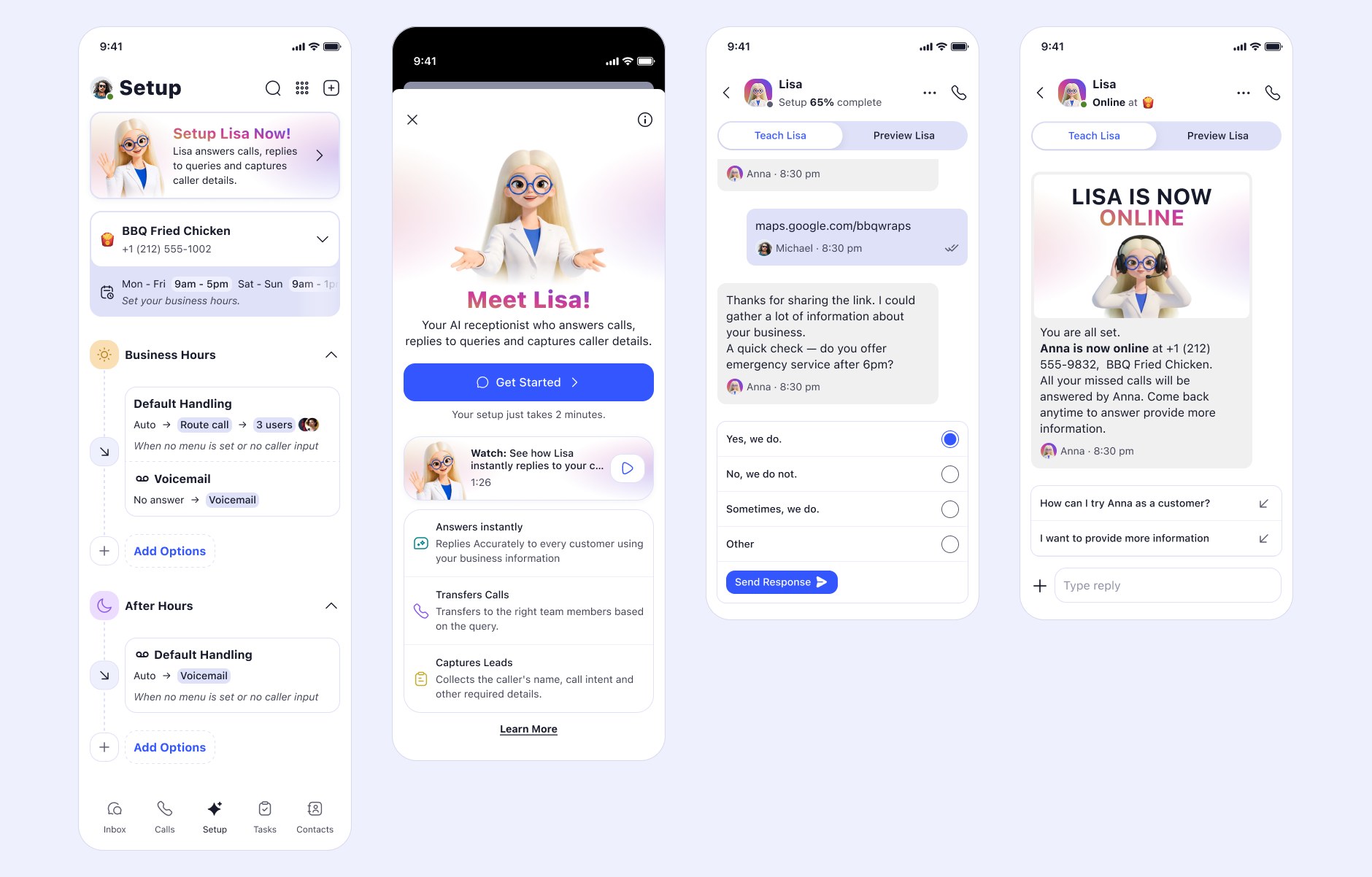 The Setup tab with Auto Attendant as the default and Lisa as the thing you switch on, a guided teaching chat with quick-reply chips, and a preview call screen where the user rings Lisa themselves.