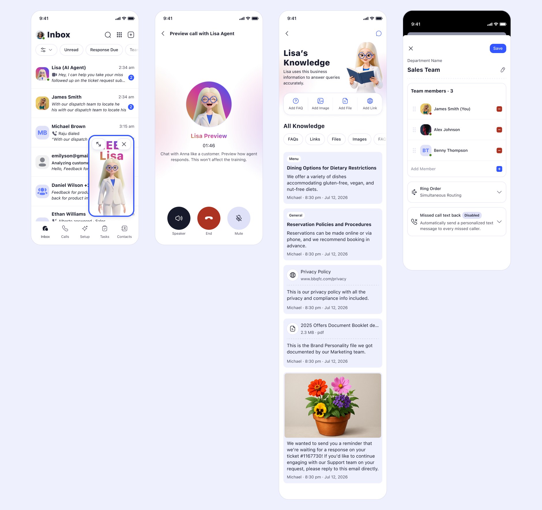 Four shipped screens: Lisa as a thread in the shared inbox alongside human contacts, a live preview call with speaker, end and mute controls, her browsable knowledge base with FAQs, links, files and images, and a department screen routing transfers to named team members.