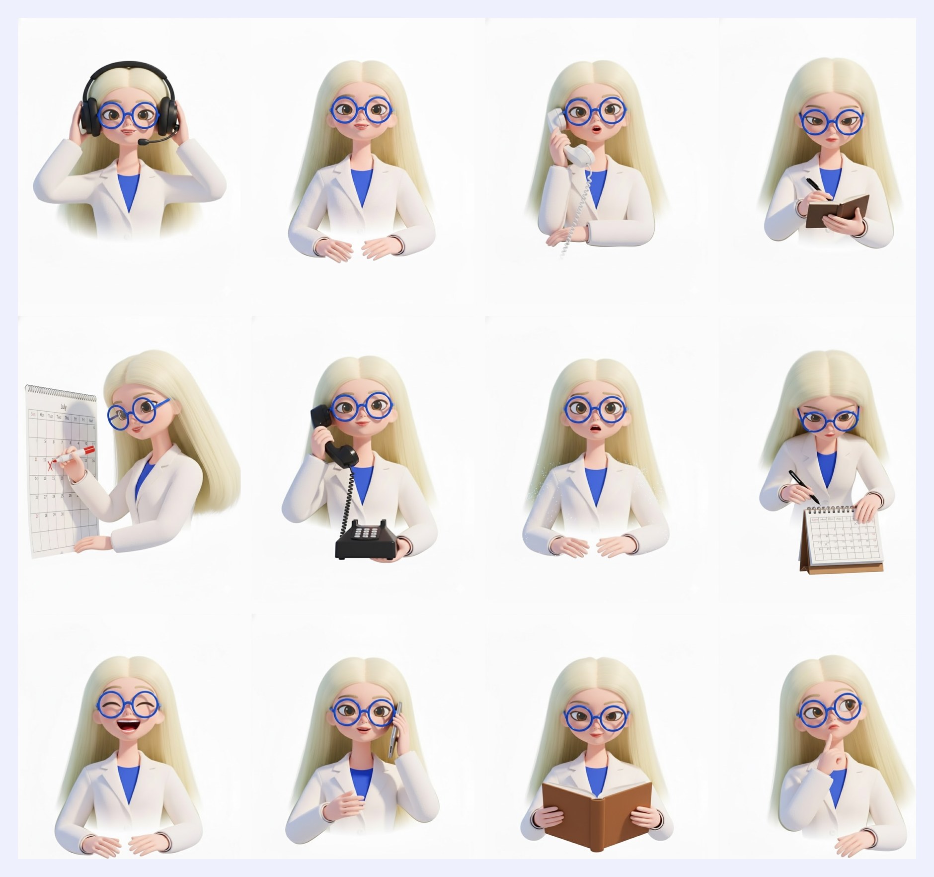 A grid of the character in a dozen states: wearing a headset, holding a phone, reading a book, writing, arms folded, presenting.