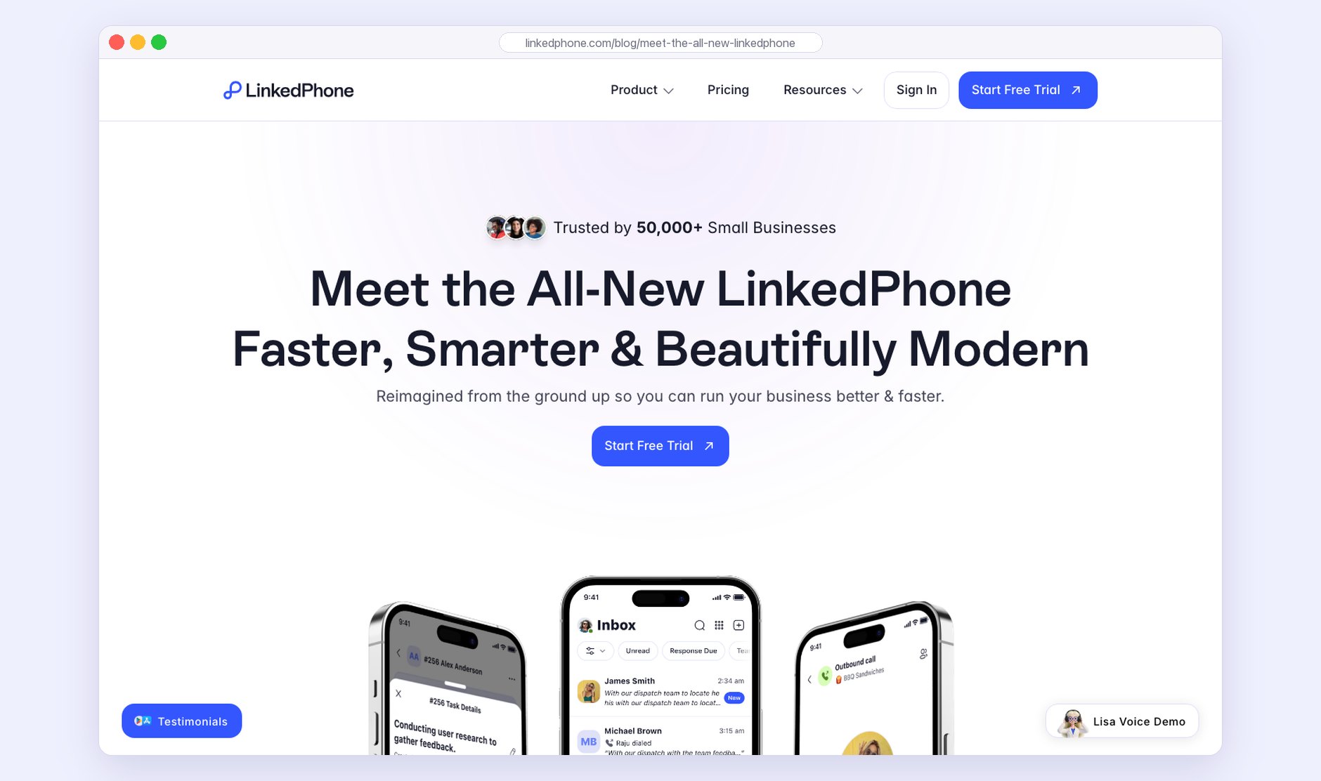 The first screen of the App Update page: Meet the All-New LinkedPhone, Faster, Smarter and Beautifully Modern, with three phones and a Start Free Trial button.