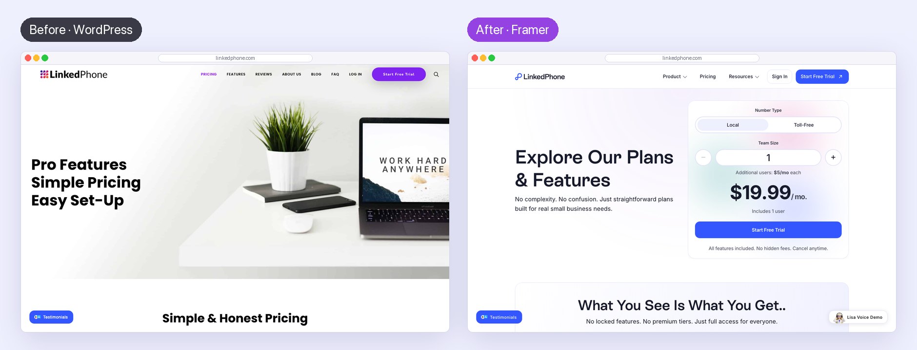 Left, the old pricing page with a laptop photo and the headline Pro Features Simple Pricing Easy Set-Up. Right, the new pricing page with a price calculator.