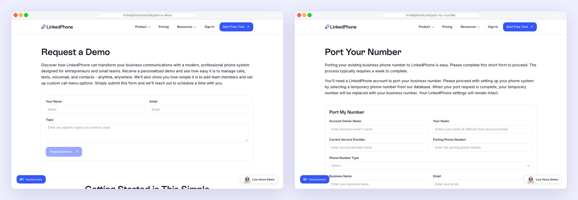 Two pages side by side: Request a Demo, and Port My Number with a form to move an existing number.